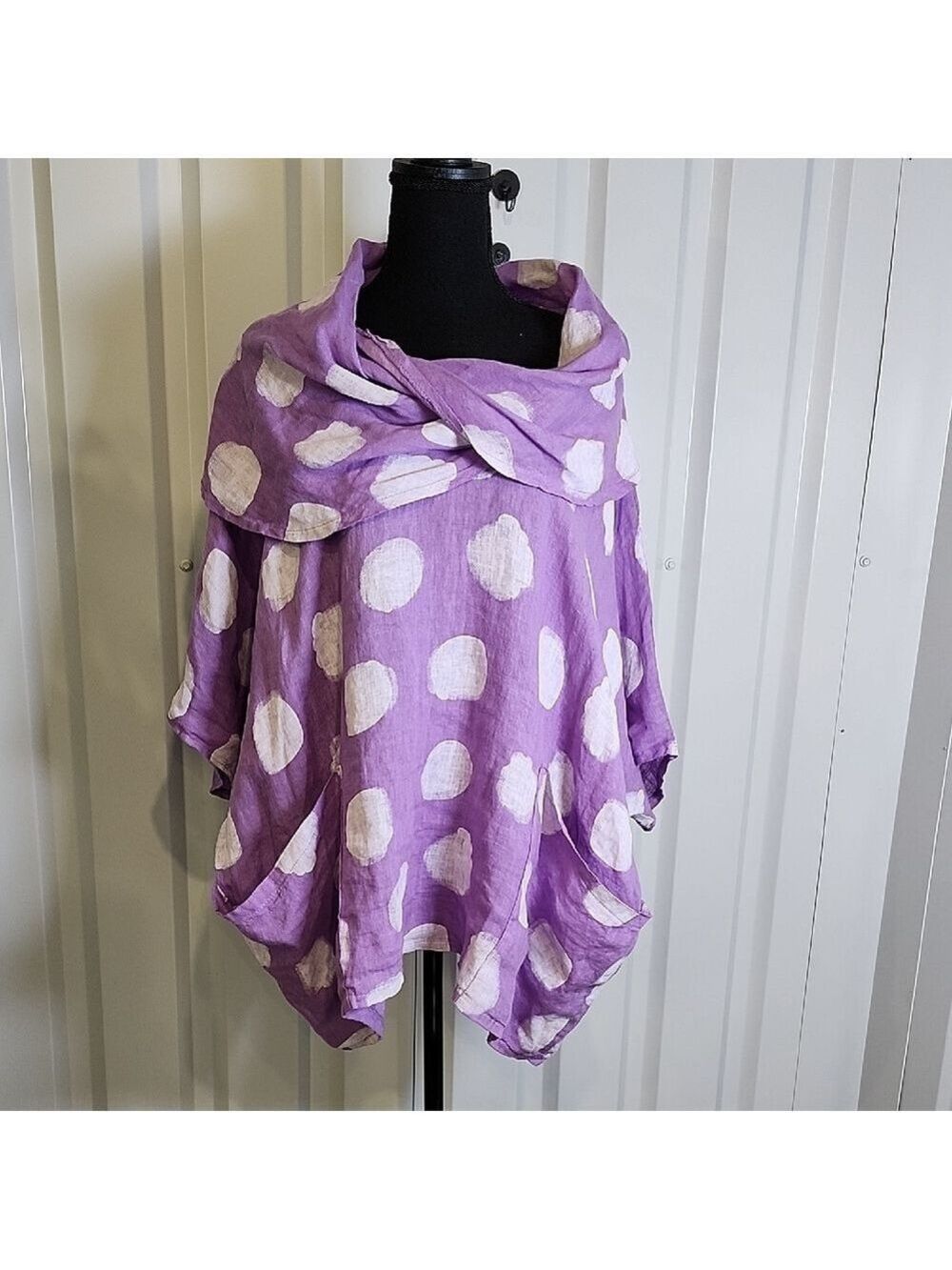 Bella Amore Womens Linen Lavender White Polka Dot Cowl Neck Top Size S/M